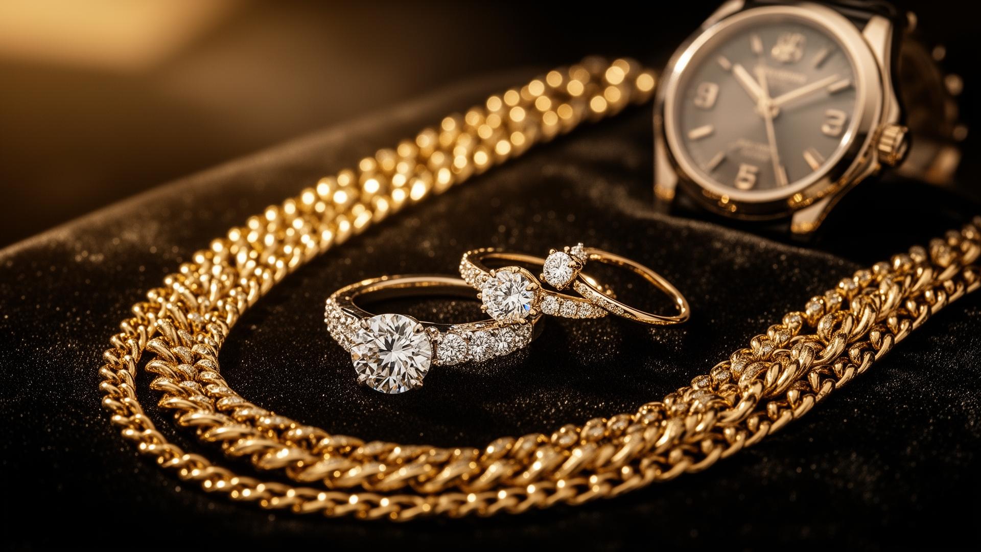 Luxury jewellery, diamond rings and gold watch