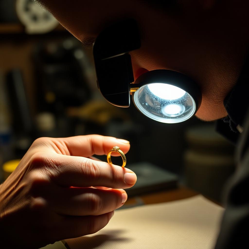 Jeweller inspecting a gold ring with a loupe